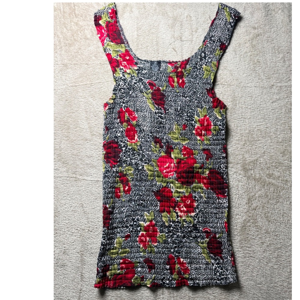 Vintage Top Red Rose Floral Animal Print Sleeveless Crinkle Stretch Y2K 2000s